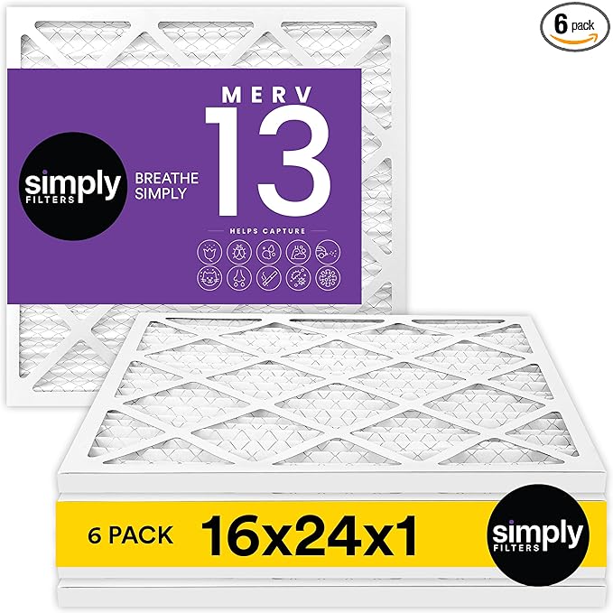 Simply 16x24x1 Air Filter, Merv 13, 6 Pack, For Home AC Furnace & HVAC (Actual Size: 15.75"x23.75"x0.75") DUST, Pet, & Allergy Control
