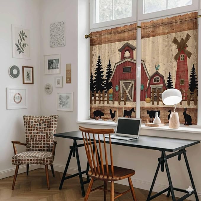 Brown Farmhouse Kitchen Curtains, Vintage Country Animals Wooden Grain Light Filtering Window Curtain Panels, 2Pcs Rod Pocket Window Treatments Set for Study Room Bathroom Bedroom 52x54 Inches