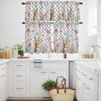 Kitchen Curtains Tiers and Valance Set of 3, Easter Light Filtering Window Curtain Set, Spring Rabbit Butterfly Botanical Florals Grey Plaid Rod Pocket Curtain Drapes for Living Room, 24 Inches Tiers