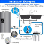 Refrigerator Water Line Kit Connection and 1/4 Compression Ice Maker Installation Kit,1/4" OD Tubing with Quick Connect for Fridge IceMaker RO Systems Water Filters Faucet,+Feed Water Adapter 25ft