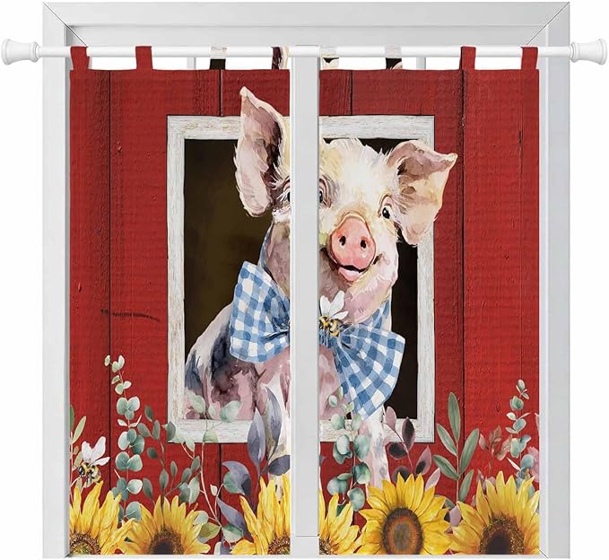 Pig Sunflowers Living Room Curtains 84 Inch Length, Window Curtains Tab Top, Eucalyptus Leaves Floral Bees Red Barn Light Filtering Window Treatments Drapes 42"x84" 2 Panel
