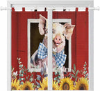 Pig Sunflowers Bathroom Curtains 63 Inch Length, Window Curtains Tab Top, Eucalyptus Leaves Floral Bees Red Barn Light Filtering Window Treatments Drapes 52"x63" 2 Panel
