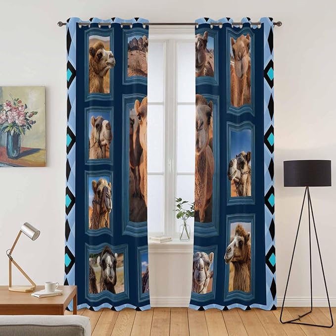 2 Panel Kitchen Cafe Curtains, Desert Camels Sunlight Filtering Nature Air Through, Home Decor Window Covering Tier Curtains for Living Room 104W x 96L inch Wildlife Brown Animals Blue Geometric