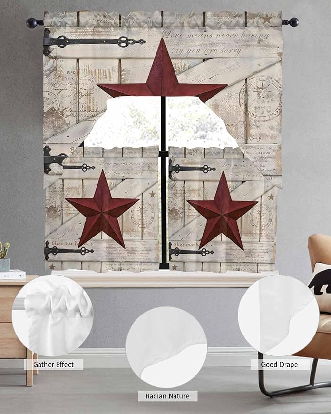 Village Stars Swag Kitchen Curtains Valance and Tier Set, Vintage Dark Red Star Beige Barn Doors Light-Filtering Swag Valance 36 Inch Length, Rod Pocket Short Curtain for Bedroom Cafe