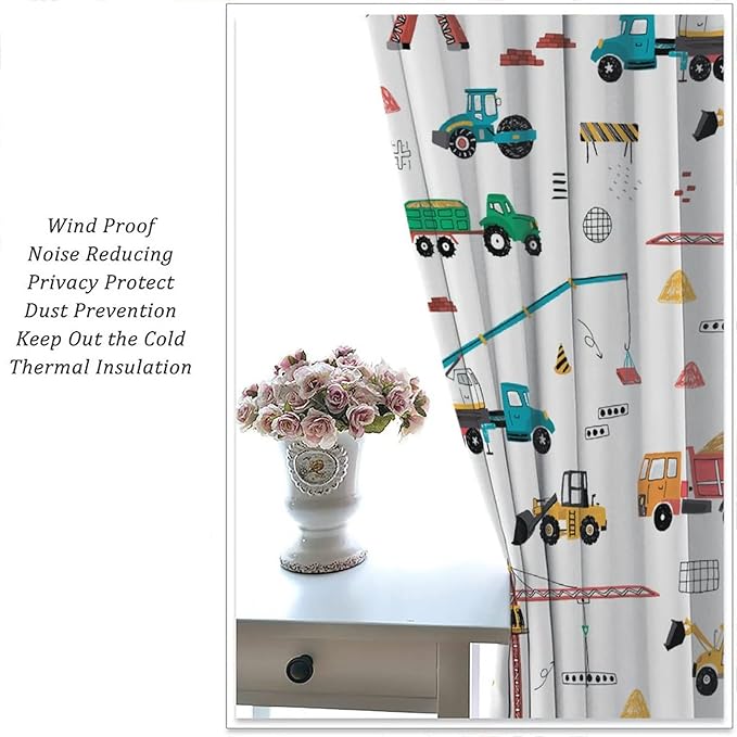 Construction Window Curtains, Kids Cartoon Construction Machines Building Hand Drawn Doodle Rod Pocket Decorative Windows Curtain for Children Teens Room Decor 84x84in (30% Blackout)