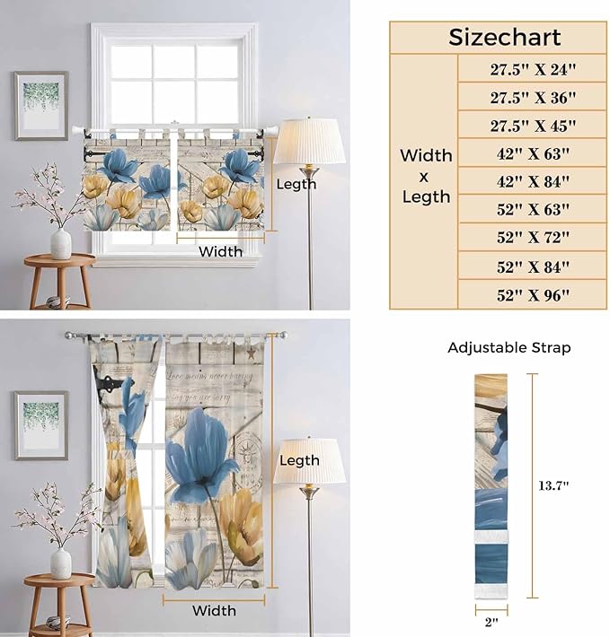 Blue Yellow Tulips Bathroom Curtains 63 Inch Length, Window Curtains Tab Top, Retro Farmhouse Flower Barn Doors Wooden Light Filtering Window Treatments Drapes 52"x63" 2 Panel