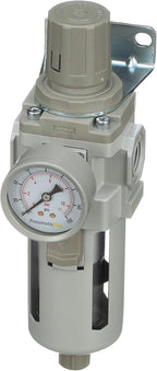 PneumaticPlus SAW400-N04BG Compressed Air Filter Regulator Piggyback Combo 1/2" NPT - Poly Bowl, Manual Drain, Bracket, Gauge