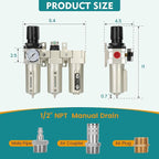 1/2" NPT Industrial Air Dryer for Compressor,3 Stage Air Compressor Water Separator System,Filter Oil Water Separator Dryer for Plasma Cutter and Paint Spray,Manual Drain