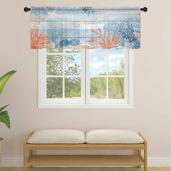 Ocean Corals Sheer Valance Curtains, Summer Beach Coral Sea Stars Blue Wood Grain Light Filtering Kitchen Valances Rod Pocket Voile Curtain Window Treatment for Bedroom/Living Room/Basement 42Wx18L