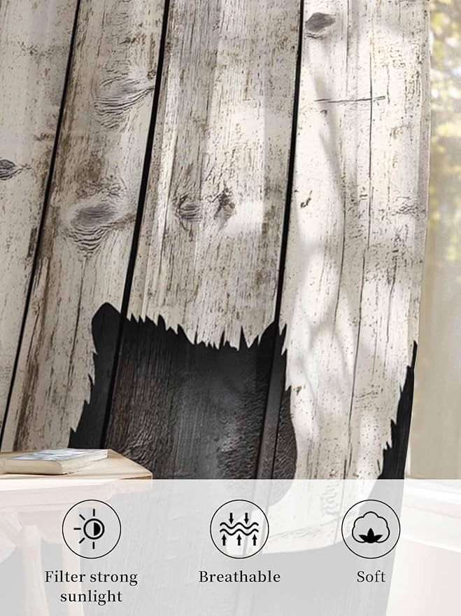 Sheer Curtains 72 Inches Long, Vintage White Brown Bear Semi Sheer Curtains Light Filtering Window Treatment, Retro Country Rustic Wood Grain Privacy Voile Drapes for Living Room Bedroom 52x72 Inch