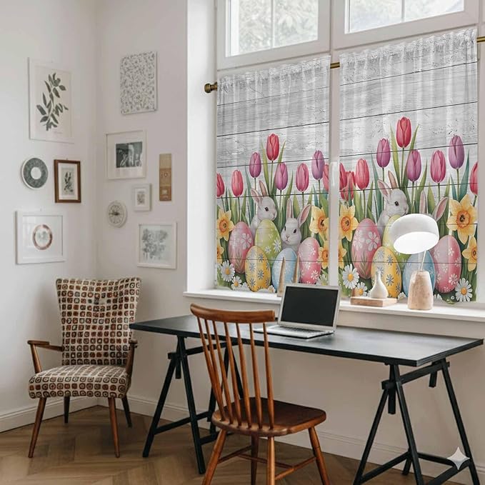 Easter Kitchen Curtains 54 Inch Long 2 Panel Set, Rod Pocket Window Curtains Panels, Retro Spring Bunny Eggs Tulip Farm Wooden Grain Light Filtering Privacy Draperies for Bedroom Laundry 42"W x 54"L