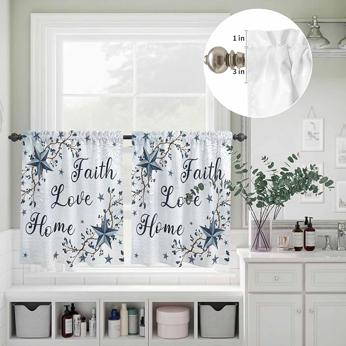 Kitchen Curtains Tiers and Valance Set of 3, Texas Star Country Light Filtering Window Curtain Set, Blue Farmhouse Branches Rod Pocket Curtain Drapes for Cafe, Living Room, 36 Inches Tiers