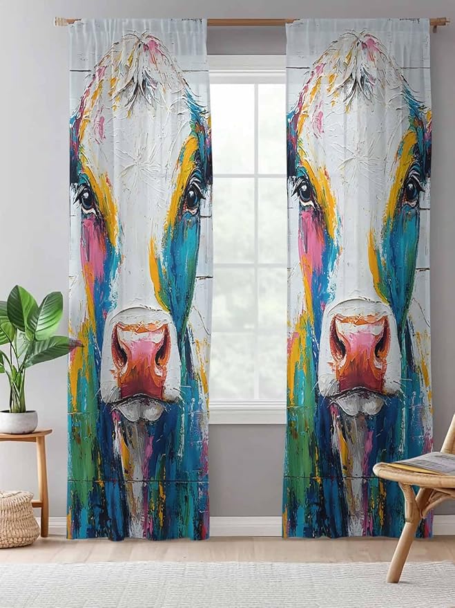 Sheer Curtains 84 Inches Long, Farmhouse Oil Painting Semi Sheer Curtains Light Filtering Window Treatment, Colorful Cow Animal Wooden Grain Privacy Voile Drapes for Living Room Bedroom 52x84 Inch