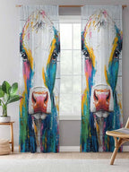 Sheer Curtains 84 Inches Long, Farmhouse Oil Painting Semi Sheer Curtains Light Filtering Window Treatment, Colorful Cow Animal Wooden Grain Privacy Voile Drapes for Living Room Bedroom 52x84 Inch