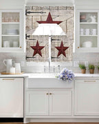 Village Stars Swag Kitchen Curtains Valance and Tier Set, Vintage Dark Red Star Beige Barn Doors Light-Filtering Swag Valance 24 Inch Length, Rod Pocket Short Curtain for Bedroom Cafe
