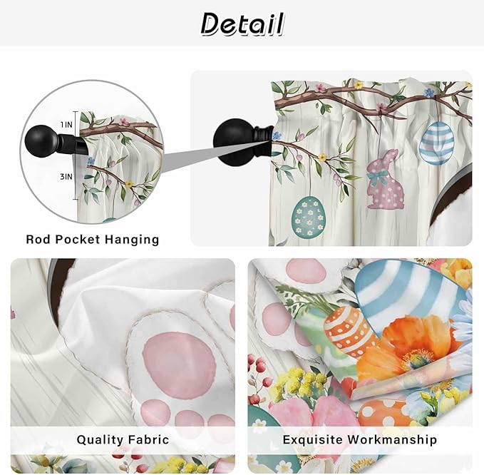 Easter Kitchen Tier Curtains 36 Inch Long 2 Panel Set,Rod Pocket Half Window Curtains Over Sink,Spring Farmhouse Watercolor Bunny Eggs Wood Grain Light Filtering Short Drapes Cafe 27.5"W x 36"L