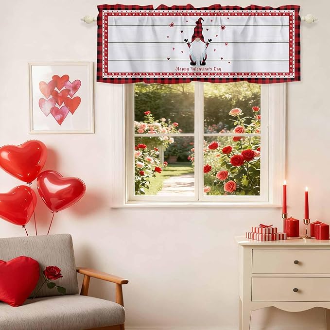 Valentine's Day Valance Curtains for Kitchen, Gnome Red Love Plaid Wood Grain Privacy Rod Pocket Valance Curtain, Light-Filtering Window Treatment for Bedroom Bathroom, 60"x14"