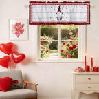 Valentine's Day Valance Curtains for Kitchen, Gnome Red Love Plaid Wood Grain Privacy Rod Pocket Valance Curtain, Light-Filtering Window Treatment for Bedroom Bathroom, 42"x12"