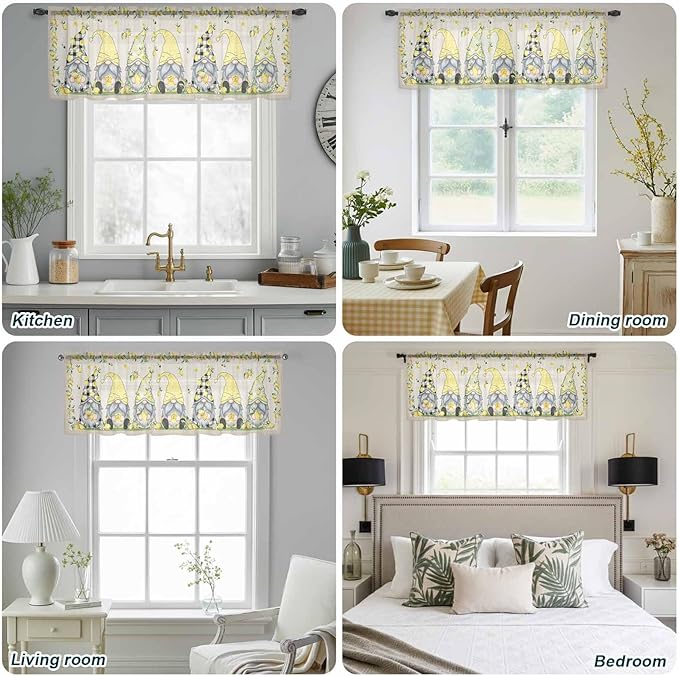 Rustic Lemon Gnomes Sheer Valance Curtains, Summer Fruit Leaves Retro Linen Texture Light Filtering Kitchen Valances Rod Pocket Voile Curtain Window Treatment for Bedroom/Living Room/Basement 42Wx12L