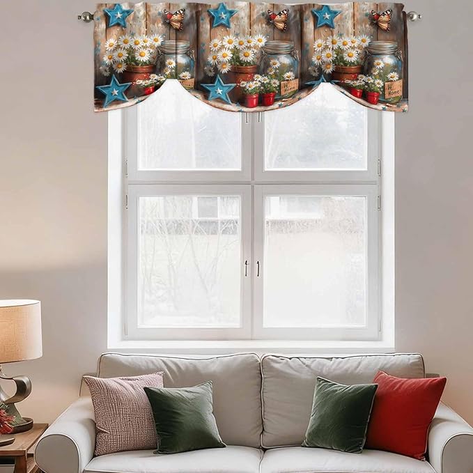 Country Flower Tie Up Valance for Window, Western Texas Star Butterfly Barn Door Adjustable Balloon Window Shade Valance Curtain for Kitchen Cafe Bathroom Window Treatment Panel 60''x18''