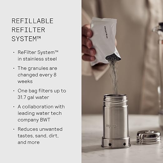 Aarke Purifier Regular 1.18L Glass Pitcher Bundle w/Steel Filter, BPA-Free, 4 Pure Refill Granules - Filters Heavy Metals