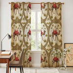 2 Panel Kitchen Cafe Curtains, Brown Desert Camels Sunlight Filtering Nature Air Through, Window Decor Tier Curtains for Living Room 80W x 84L inch Tropical Date Coconut Trees Cords Leaves