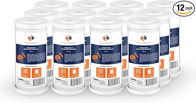 Aquaboon 5 Micron 10x4.5 Carbon Block Water Filters Whole House CTO Water Filter Replacement Cartridge Compatible with FXHTC, CB-BB-10, EP-BB, 12-Pack