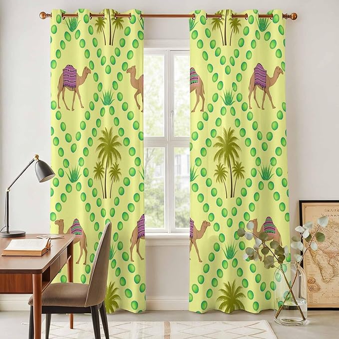 2 Panel Kitchen Cafe Curtains, Desert Sand Camels Sunlight Filtering Nature Air Through, Window Decor Tier Curtains for Living Room 80W x 84L inch Palm Trees Tropical Plants Polka Dot Yellow
