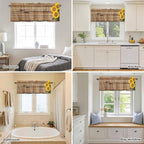 Kitchen Valances for Window, Farm Sunflower on Vintage Wood Grain Light Filtering Rod Pocket Valance Curtain, Spring Country Plant Short Curtains Window Topper for Bedroom Living Room 54x18in