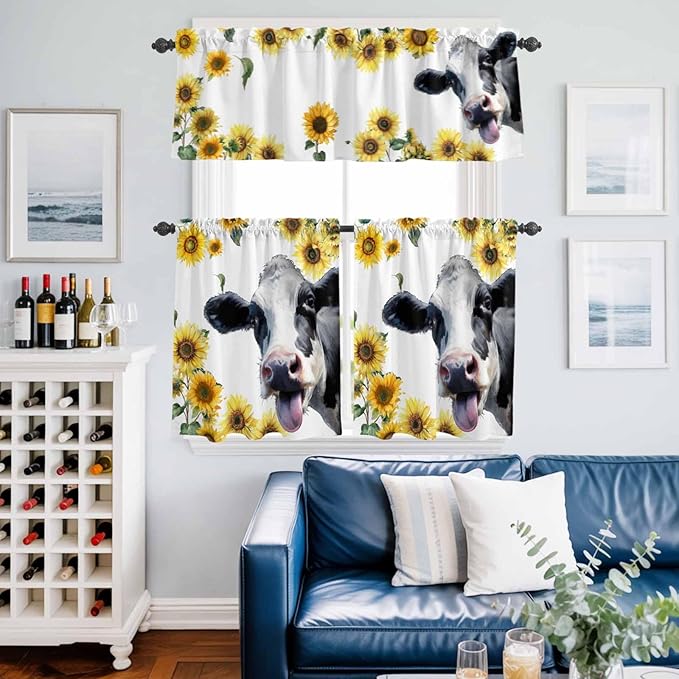 Kitchen Curtains Tiers and Valance Set of 3, Cow Sunflowers Light Filtering Window Curtain Set, Spring Botanical Floral Flowers Animals Rod Pocket Curtain Drapes for Cafe, Living Room, 24 Inches Tiers