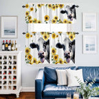 Kitchen Curtains Tiers and Valance Set of 3, Cow Sunflowers Light Filtering Window Curtain Set, Spring Botanical Floral Flowers Animals Rod Pocket Curtain Drapes for Cafe, Living Room, 24 Inches Tiers