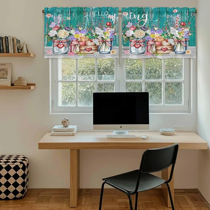 Spring Flowers Tier Curtains, Farmhouse Watercolor Teal Wood Grain Light Filtering Kitchen Curtains, 2Pcs Rod Pocket Half Window Treatments Panels for Sink Cafe Cabinet Camper 27.5x24 Inches