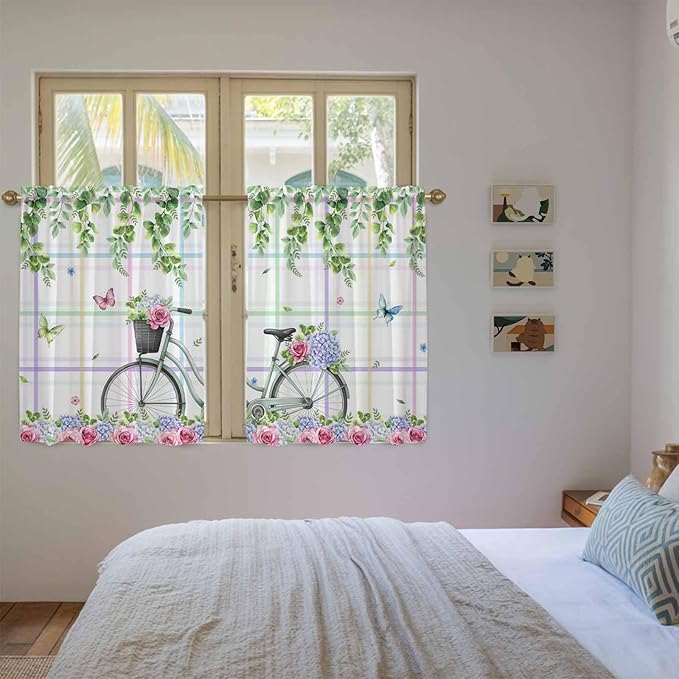 Spring Tier Curtains, Bicycles Botanical Leaves Rose Colorful Stripes Light Filtering Kitchen Curtains, 2Pcs Rod Pocket Half Window Treatments Panels for Sink Cafe Cabinet Basement 27.5x45 Inches