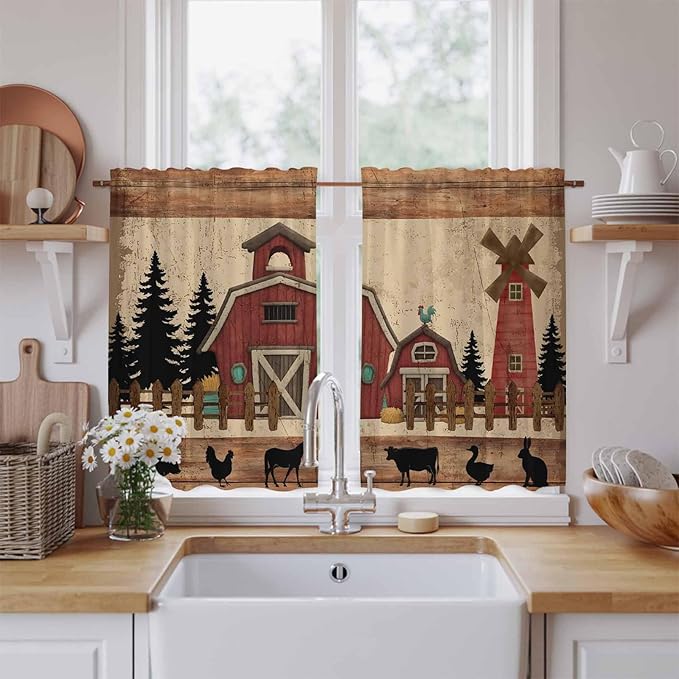 Brown Farmhouse Tier Curtains, Vintage Country Animals Wooden Grain Light Filtering Kitchen Curtains, 2Pcs Rod Pocket Half Window Treatments Panels for Sink Cafe Cabinet Basement 27.5x45 Inches