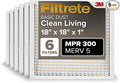 Filtrete 18x18x1 Air Filter, MPR 300, MERV 5, Clean Living Basic Dust 3-Month Pleated 1-Inch Air Filters, 6 Filters, White
