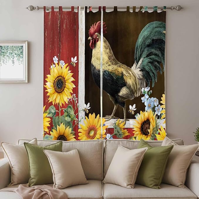 Chicken Sunflowers Living Room Curtains 96 Inch Length, Window Curtains Tab Top, Farmhouse Animals Red Barn Bees Light Filtering Window Treatments Drapes 52"x96" 2 Panel