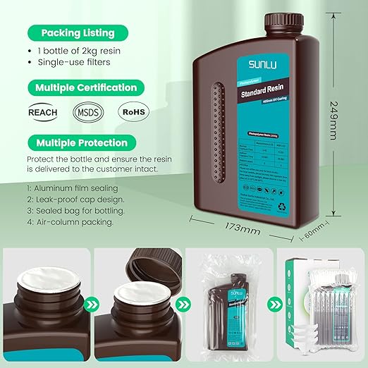 SUNLU 3D Printer Resin 2kg, Fast Curing Standard 3D Resin for Most Resin 3D Printers, 395 to 405nm UV Curing 3D Printing Liquid Photopolymer Resin, Low Shrinkage and High Precision, 2000g, Clear