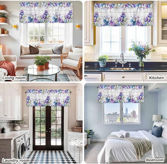 Spring Flowers Curtain Valances for Windows, Kitchen Valance Window Treatment, Watercolor Garden Florals Wooden Grain Light Filtering Block Curtains for Bathroom/Bedroom/Living Room 54'' x 18''