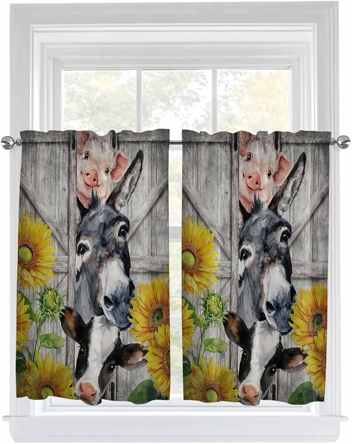 Farmhouse Kitchen Curtains 54 Inches length, Vintage Sunflowers Animals Printed Wood Grain Window Treatment Curtain Drapes, Thermal Insulated Drapes for Basement Hotel RV, 42"x54", 2 Panels