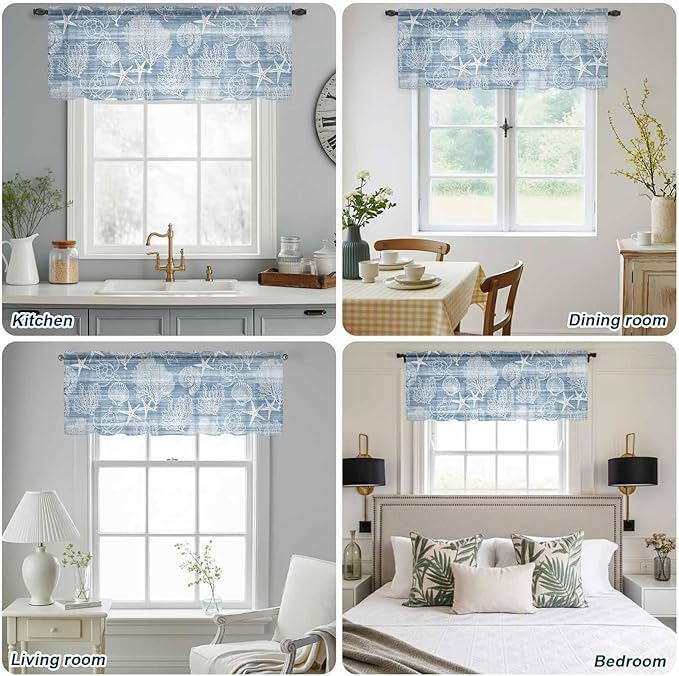 Haze Blue Retro Summer Sheer Valance Curtains, Sea Turtle Starfish Coral Ocean Light Filtering Kitchen Valances Rod Pocket Voile Curtain Window Treatment for Bedroom/Living Room/Basement 42Wx12L