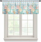 Summer Beach Sheer Valance Curtains, Ocean Colorful Coral Shell Seaweed Starfish Blue Plaid Light Filtering Kitchen Valances Rod Pocket Voile Curtain Treatment for Bedroom/Living Room/Basement 54Wx18L