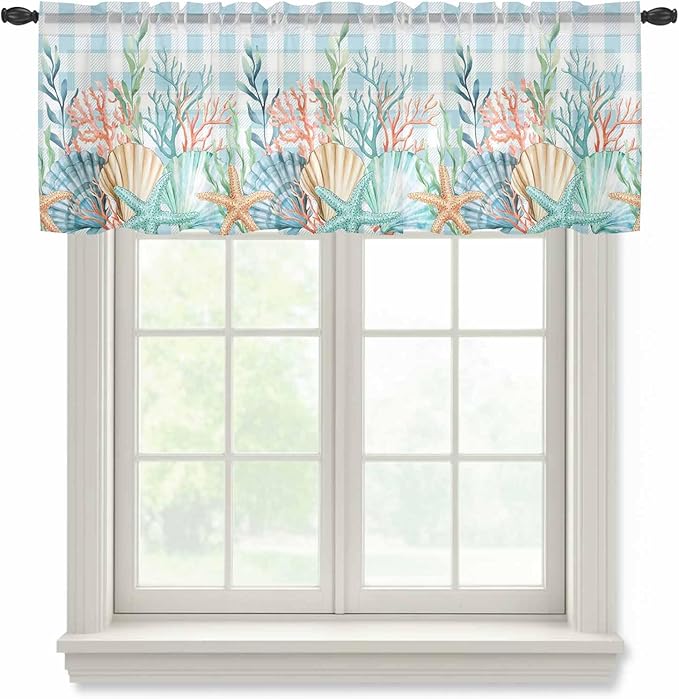 Summer Beach Sheer Valance Curtains, Ocean Colorful Coral Shell Seaweed Starfish Blue Plaid Light Filtering Kitchen Valances Rod Pocket Voile Curtain Treatment for Bedroom/Living Room/Basement 60Wx18L