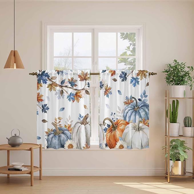 Navy Blue Pumpkin Fall Kitchen Tier Curtains 45 Inch Long 2 Panel Set,Rod Pocket Short Window Treatment,Thanksgiving Maple Leaves Branches Curtains & Drapes for Bathroom Basement 27.5"W x 45"L