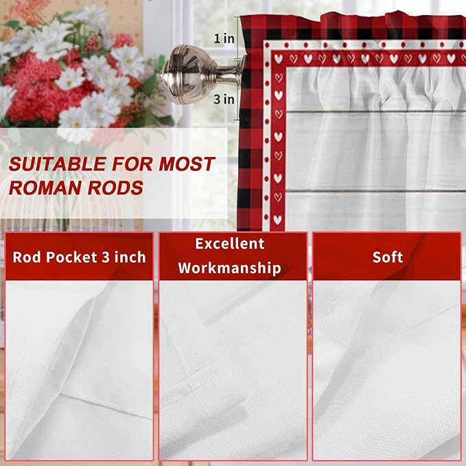 Valentine's Day Valance Curtains for Kitchen, Gnome Red Love Plaid Wood Grain Privacy Rod Pocket Valance Curtain, Light-Filtering Window Treatment for Bedroom Bathroom, 60"x14"