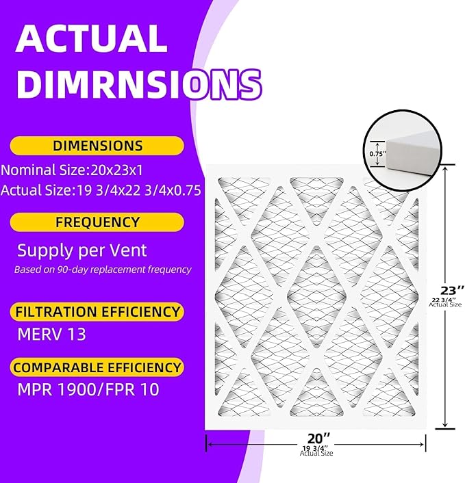 20x23x1 (6-Pack) MERV 13 Pleated Air Filter (Actual Size: 19.75"x22.75"x0.75") MPR 1900 & FPR 10, Furnace Air Filters,20x23x1 air filter