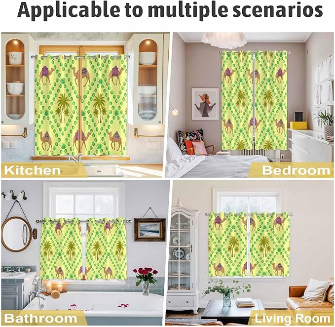 2 Panel Kitchen Cafe Curtains, Desert Sand Camels Sunlight Filtering Nature Air Through, Window Decor Tier Curtains for Living Room 104W x 52L inch Palm Trees Tropical Plants Polka Dot Yellow