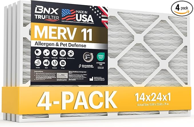 BNX TruFilter 14x24x1 Air Filter MERV 11 (4-Pack) - MADE IN USA - Allergen Defense Electrostatic Pleated Air Conditioner HVAC AC Furnace Filters for Allergies, Dust, Pet, Smoke, Allergy MPR 1200 FPR 7