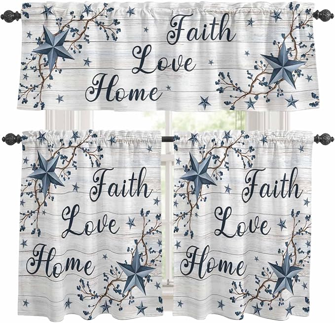 Farmhouse Kitchen Curtains Set 3 Piece for Windows,Rod Pocket Valance and Tier Set 24 Inch Length,Blue Country Texas Star Vintage Berries Wooden Light Filtering Cafe Curtains for Living Room