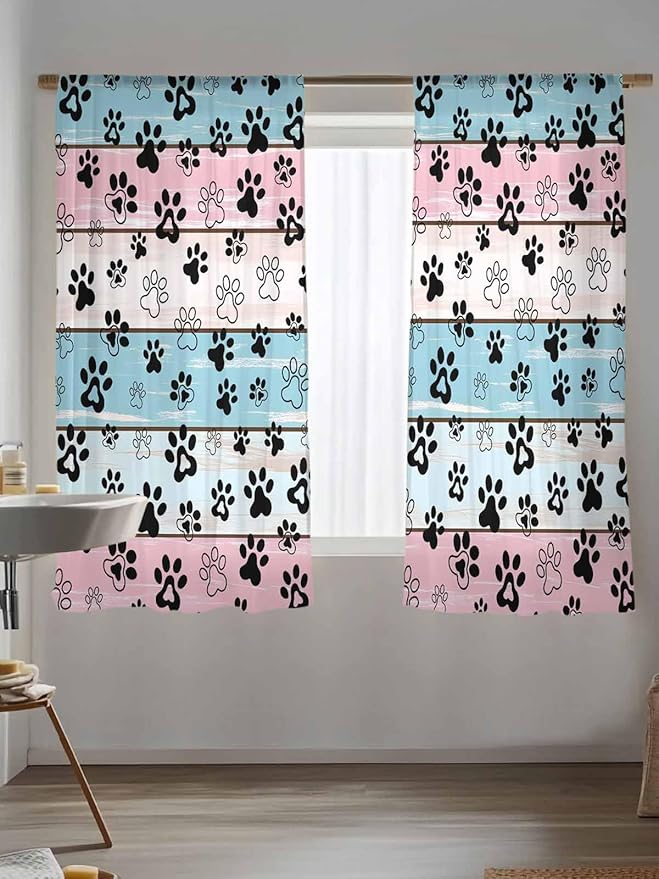 Sheer Curtains 72 Inches Long, Blue Pink Dog Paws Prints Semi Sheer Curtains Light Filtering Window Treatment, Farmhouse Beige Wood Privacy Voile Drapes for Living Room Bedroom 52x72 Inch
