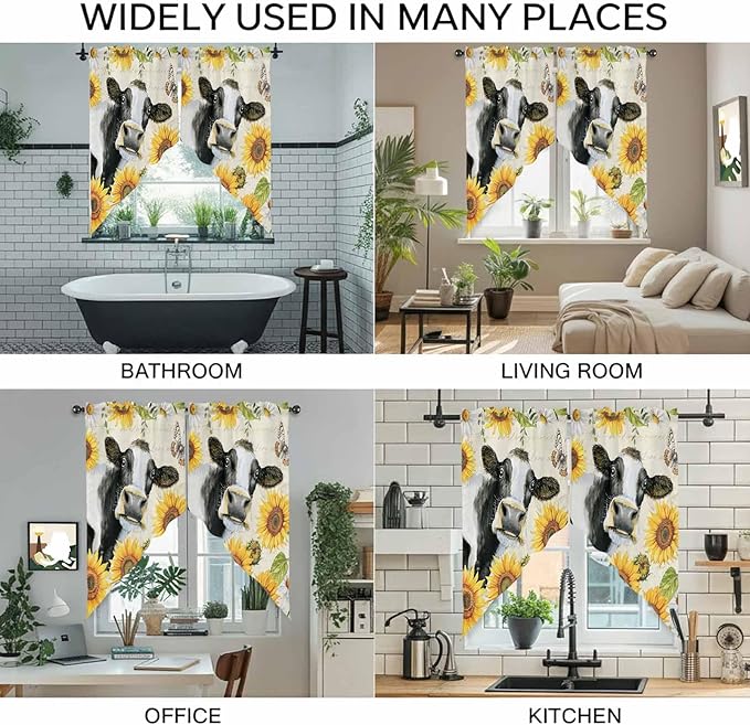 Yellow Sunflowers Swag Valances for Windows, Country Cow Flower Butterfly Farmhouse Cream Rod Pocket Kitchen Curtains Valance, Small Window Curtains Swag for Cafe Living Room, 2 Panels, 28x36 inch